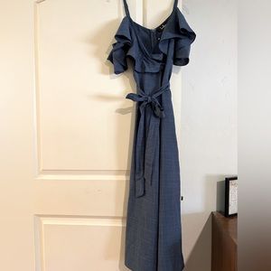 Off the shoulder, pant romper with tied waist